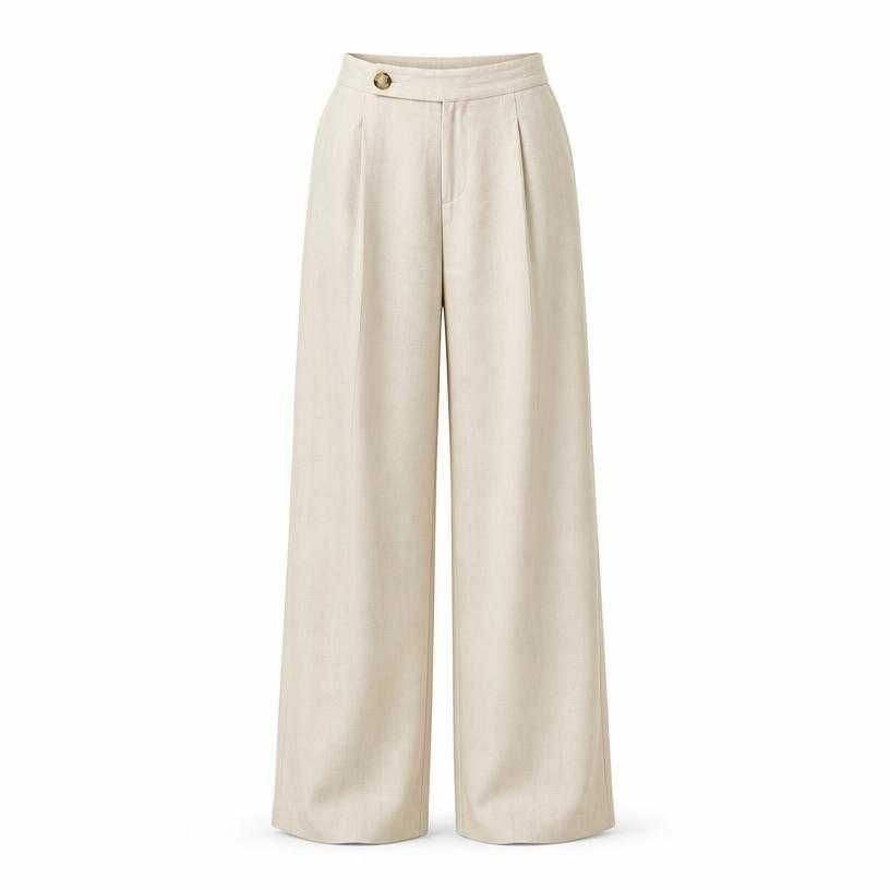 relaxed cream pleated lightweight woven fabric wide-leg trousers