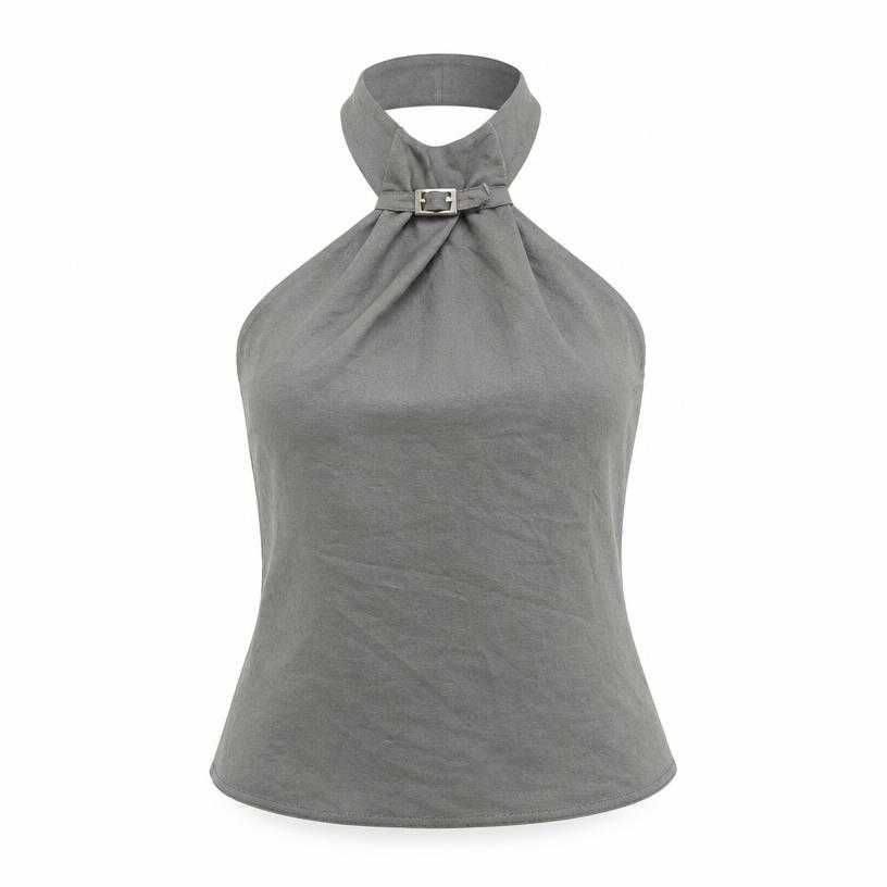 fitted muted grey sleeveless soft woven fabric halter top