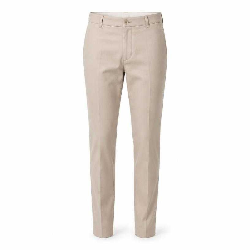 fitted light beige slim leg cotton-like woven fabric trousers