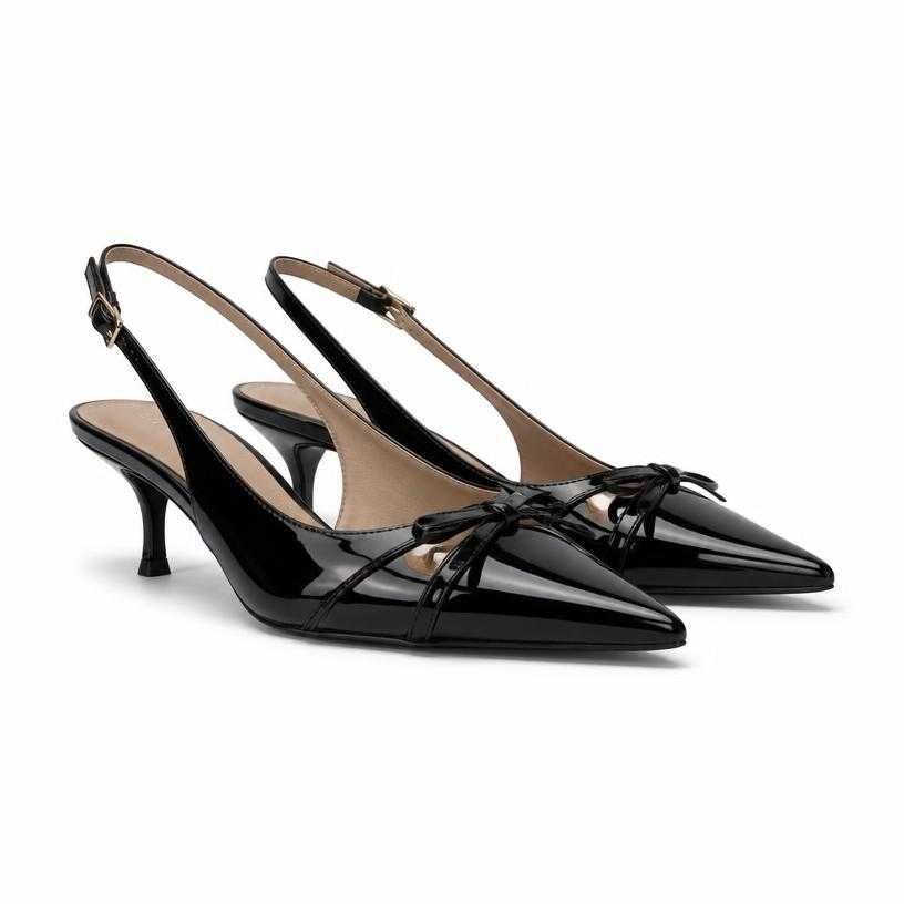 fitted black pointed toe glossy leather slingback heels