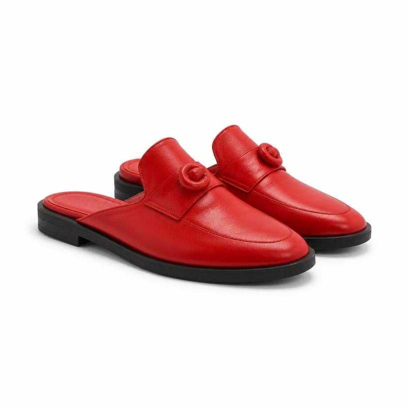 red open heel smooth leather-like material backless loafers