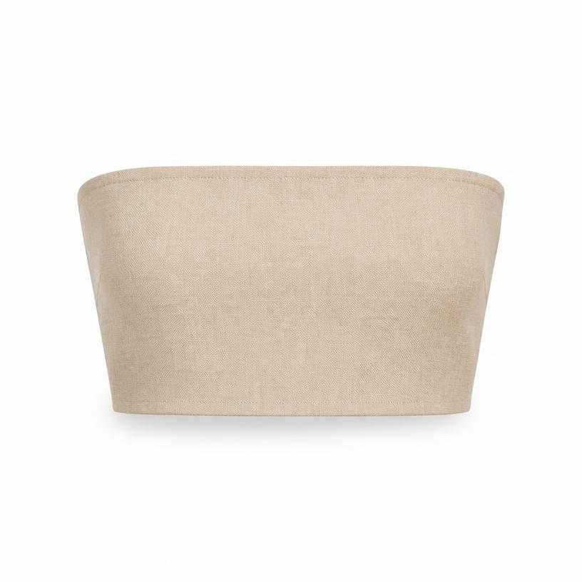 fitted beige tan strapless matte woven fabric bandeau crop top