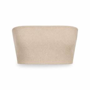 fitted beige tan strapless matte woven fabric bandeau crop top