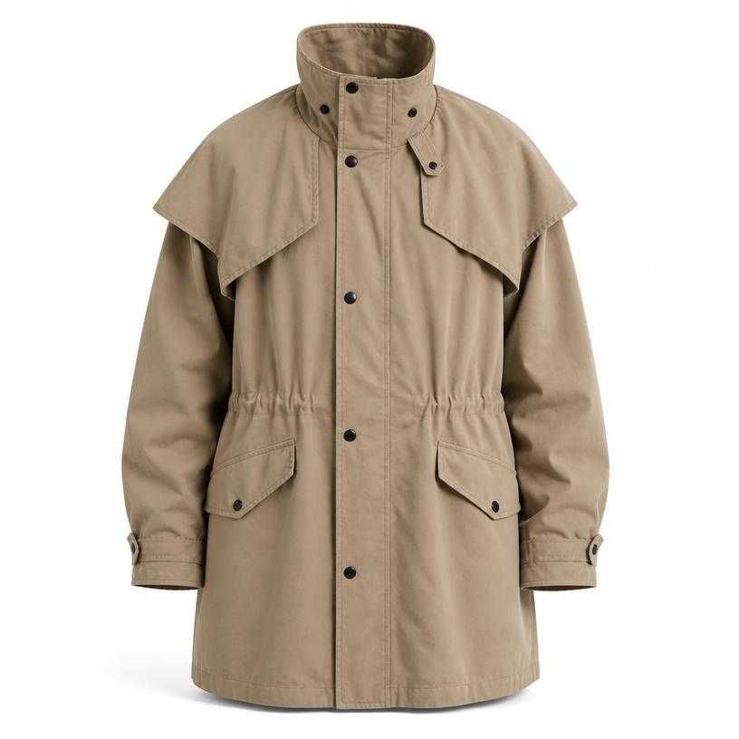 oversized beige-tan utility woven cotton-like fabric trench coat