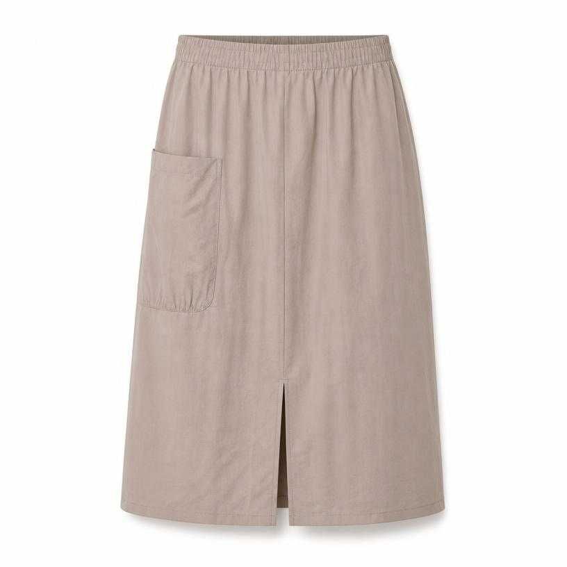 relaxed taupe beige front slit lightweight woven fabric knee-length skirt