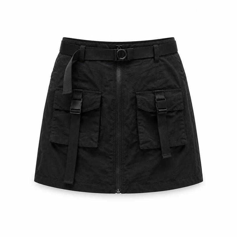 relaxed black utility technical woven mini skirt