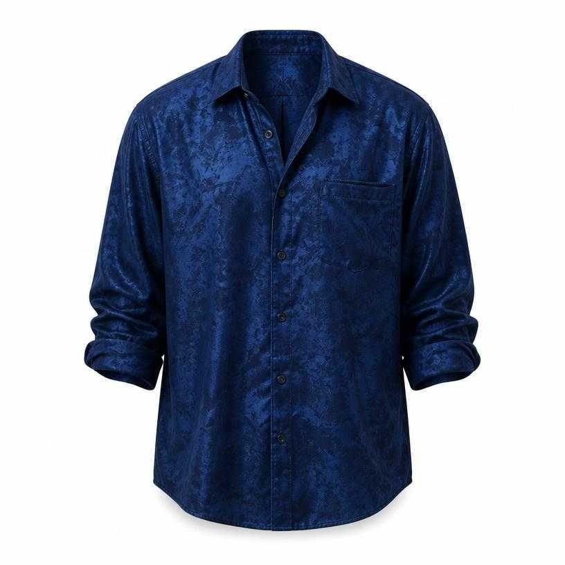 relaxed deep blue patterned sheeny woven fabric button-up shirt