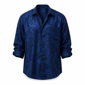 relaxed deep blue patterned sheeny woven fabric button-up shirt