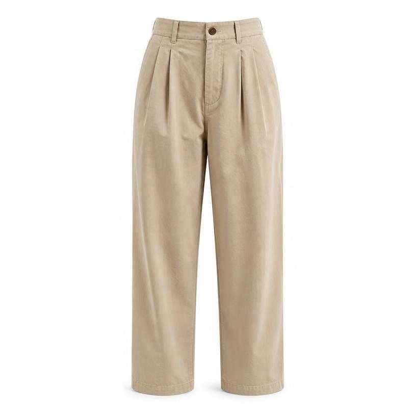 relaxed beige tan pleated woven cotton-like fabric trousers