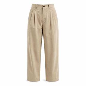 relaxed beige tan pleated woven cotton-like fabric trousers