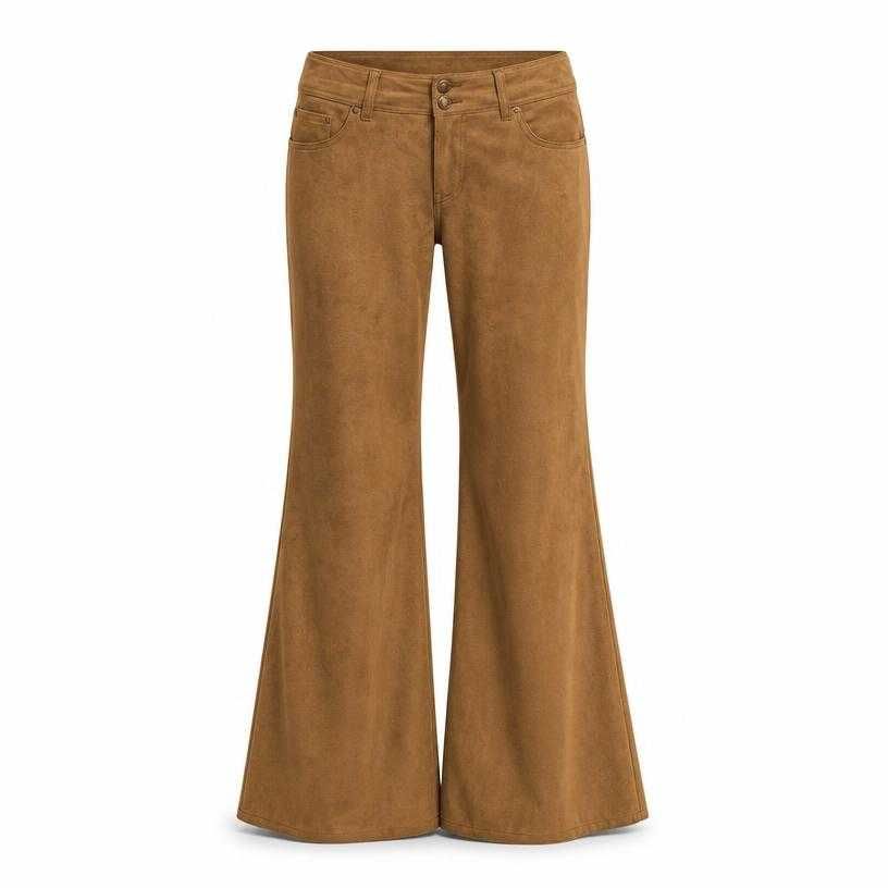 relaxed warm tan brown low-rise suede-like fabric flared trousers