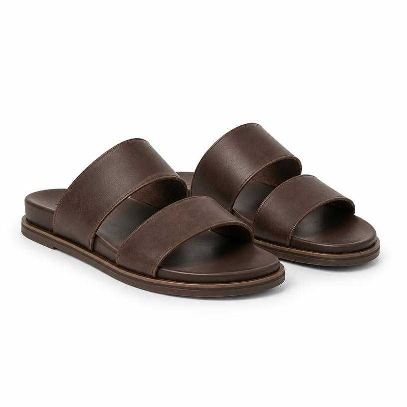 relaxed dark brown wide-strap leather-like material slide sandals