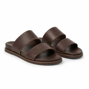 relaxed dark brown wide-strap leather-like material slide sandals