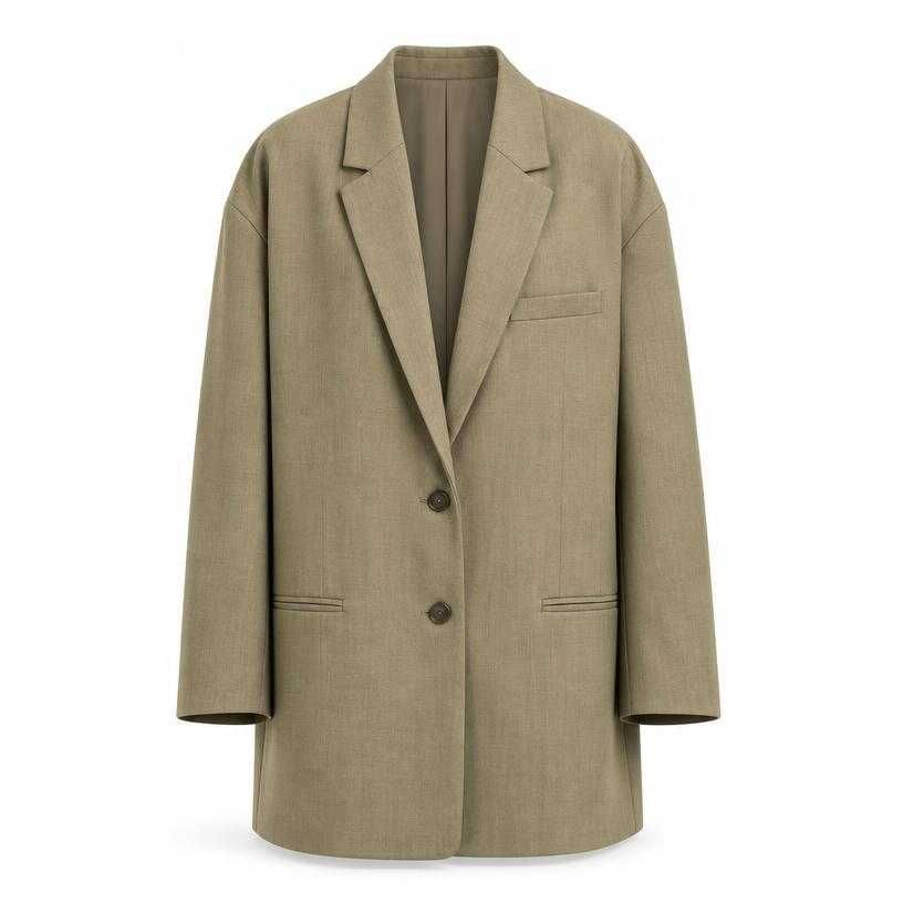 oversized muted olive beige longline woven suiting fabric blazer