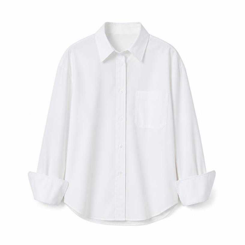 relaxed white button-front cotton-like shirting collared shirt