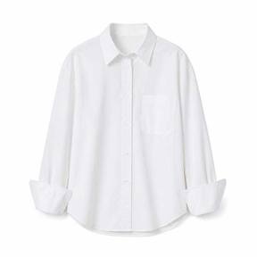 relaxed white button-front cotton-like shirting collared shirt