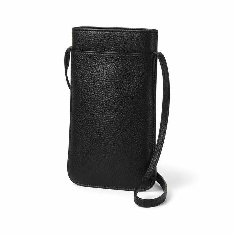 black rectangular textured leather crossbody pouch