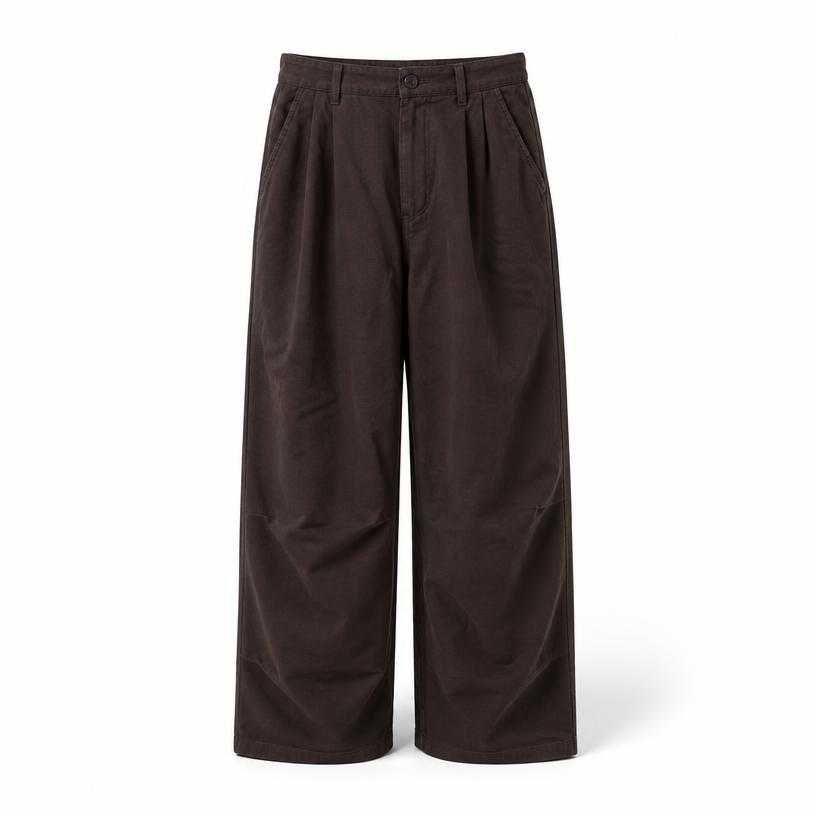 relaxed dark brown roomy leg soft woven fabric trousers