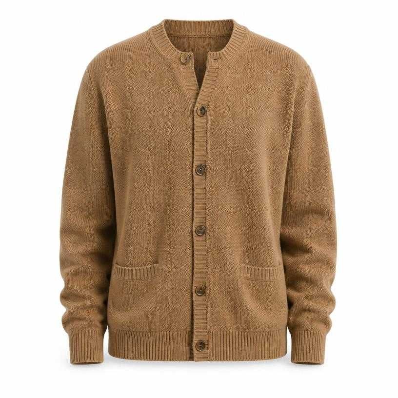 relaxed camel tan button-front knit cardigan