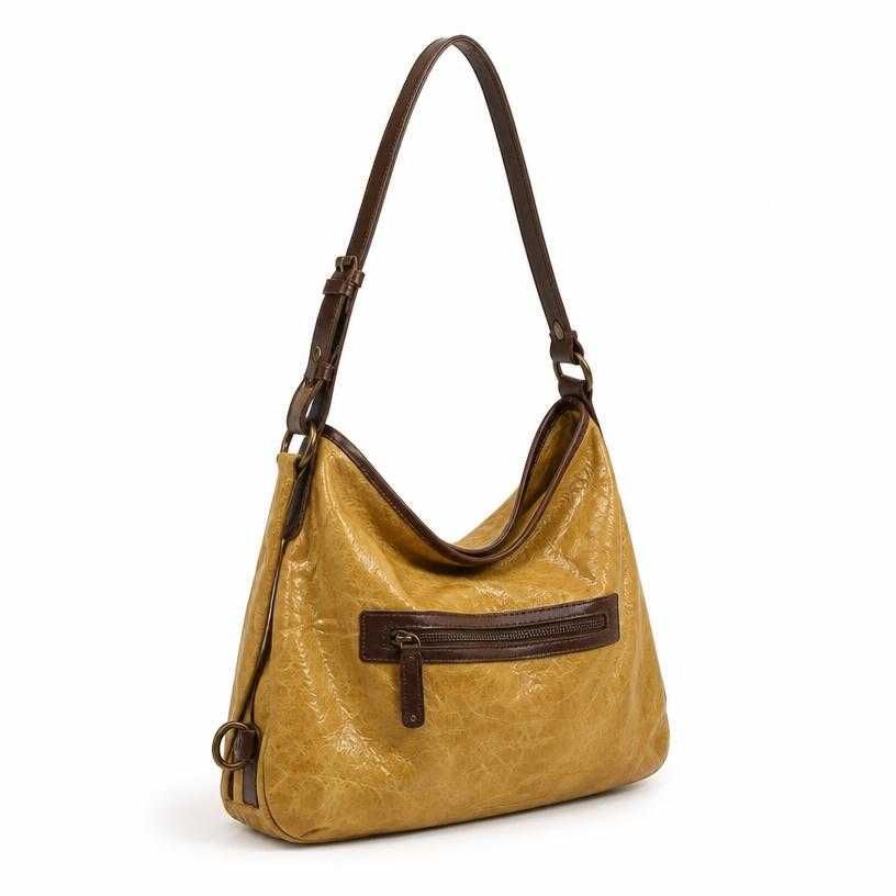 mustard tan slouchy crinkled leather-like material shoulder bag