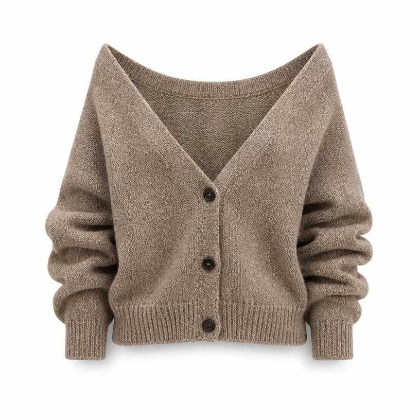 relaxed warm taupe button-front textured knit cardigan