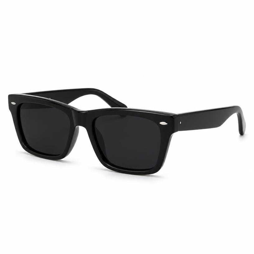 black angular rectangular glossy acetate-like frame sunglasses