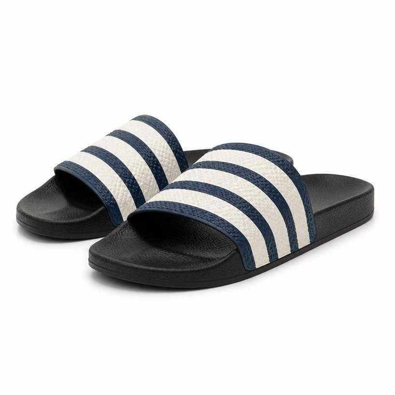 black striped strap slide sandals