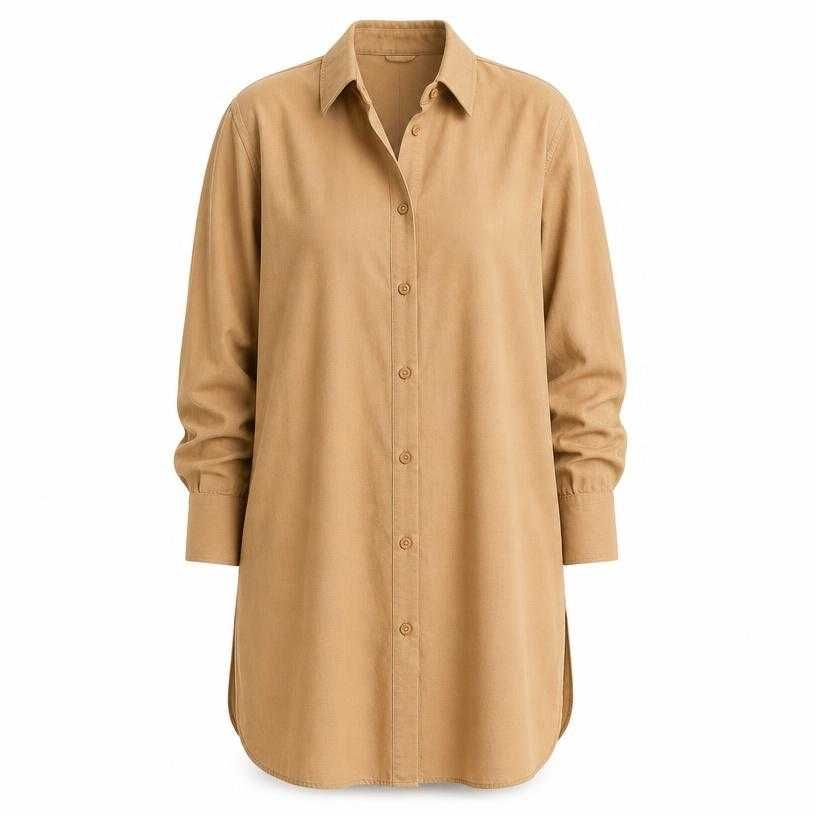 relaxed camel beige button-up shirt dress