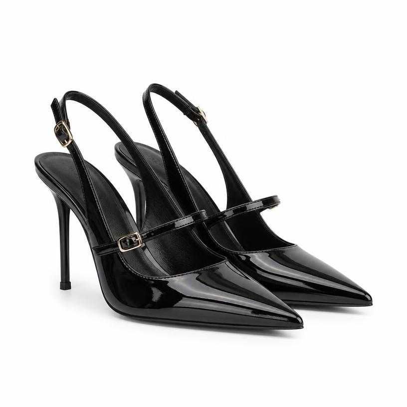 fitted black pointed toe glossy leather heels