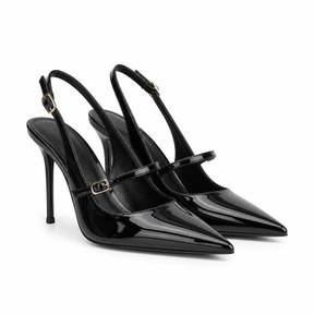 fitted black pointed toe glossy leather heels