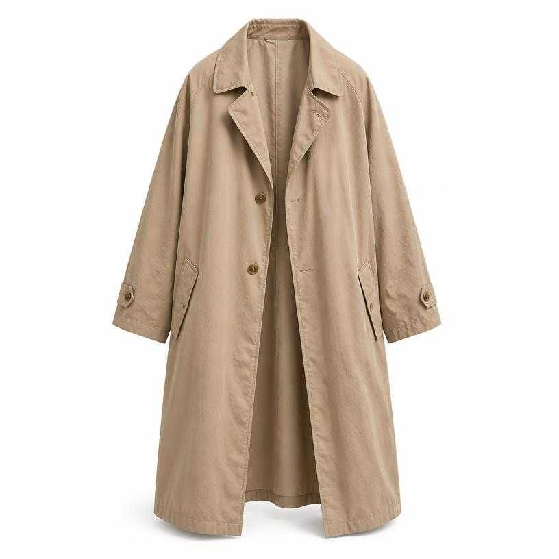 oversized beige tan long length cotton-like woven fabric trench coat