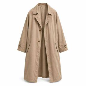 oversized beige tan long length cotton-like woven fabric trench coat