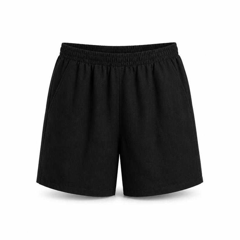 relaxed black above-knee woven fabric shorts