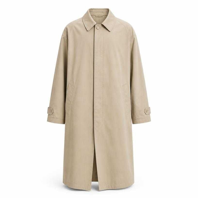 relaxed beige knee-length woven cotton-like fabric trench coat