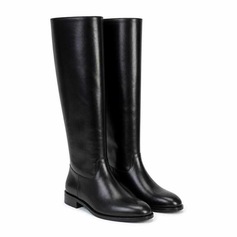 fitted black glossy leather-like knee-high boots