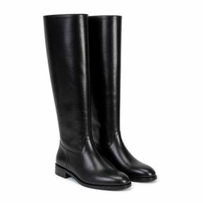fitted black glossy leather-like knee-high boots