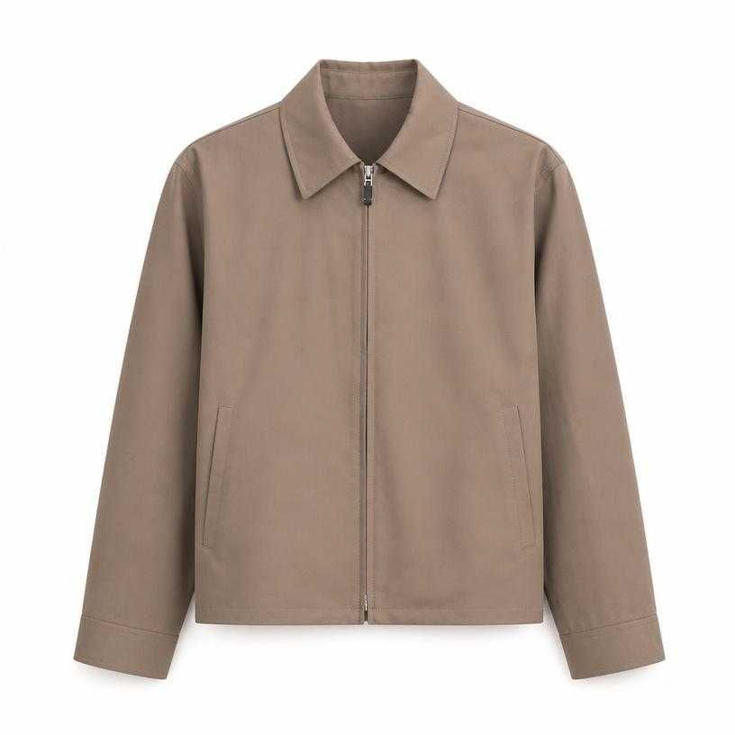 relaxed taupe brown point collar smooth woven fabric zip-front jacket
