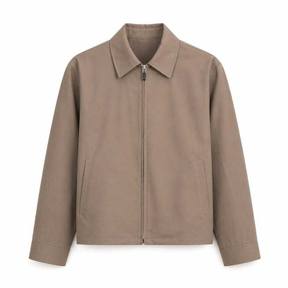 relaxed taupe brown point collar smooth woven fabric zip-front jacket