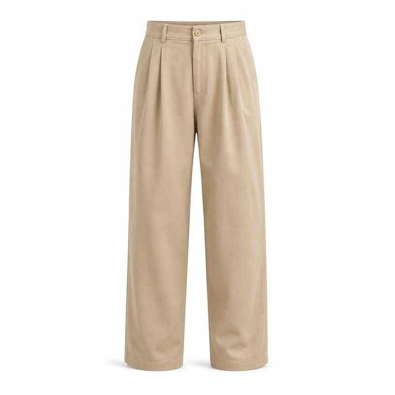 relaxed beige pleated cotton twill trousers