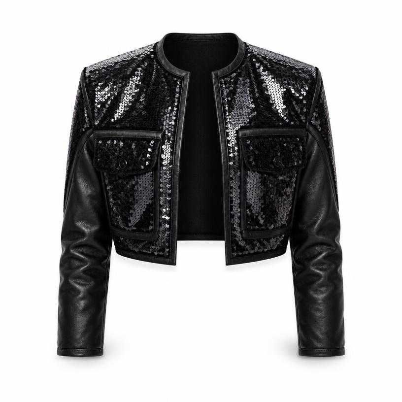 relaxed black structured shoulders sequins cropped jacket