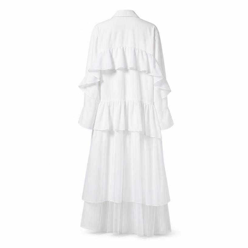 relaxed white ruffled back tiers lightweight cotton-like fabric dress panel