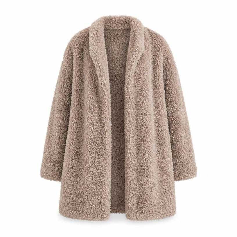 oversized taupe beige open front pile shaggy coat