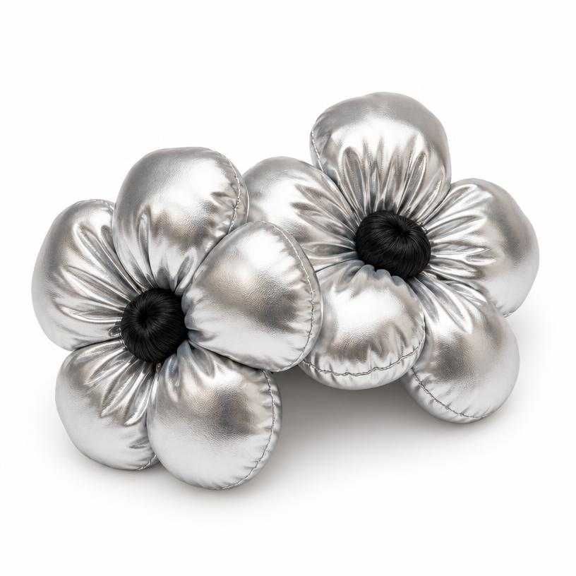 silver metallic padded flowers satin-like fabric hair accessories