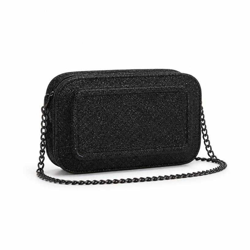 black chain strap glitter-textured material crossbody bag