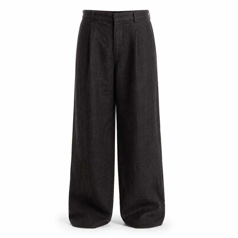 relaxed very dark brown-black wide leg linen-like woven fabric trousers