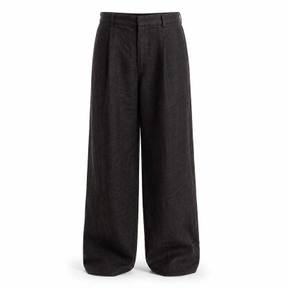 relaxed very dark brown-black wide leg linen-like woven fabric trousers