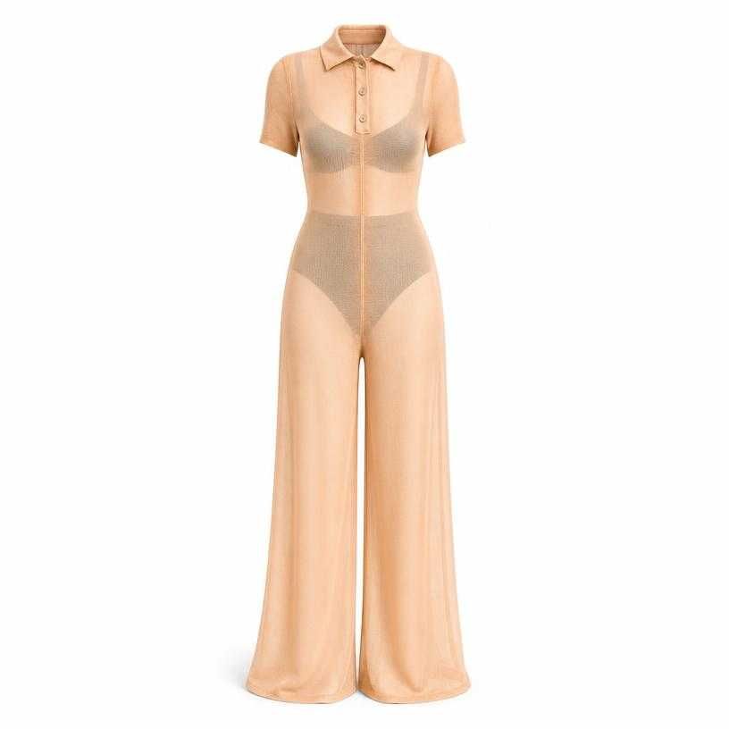 fitted peach beige wide-leg sheer knit polo jumpsuit