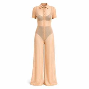 fitted peach beige wide-leg sheer knit polo jumpsuit