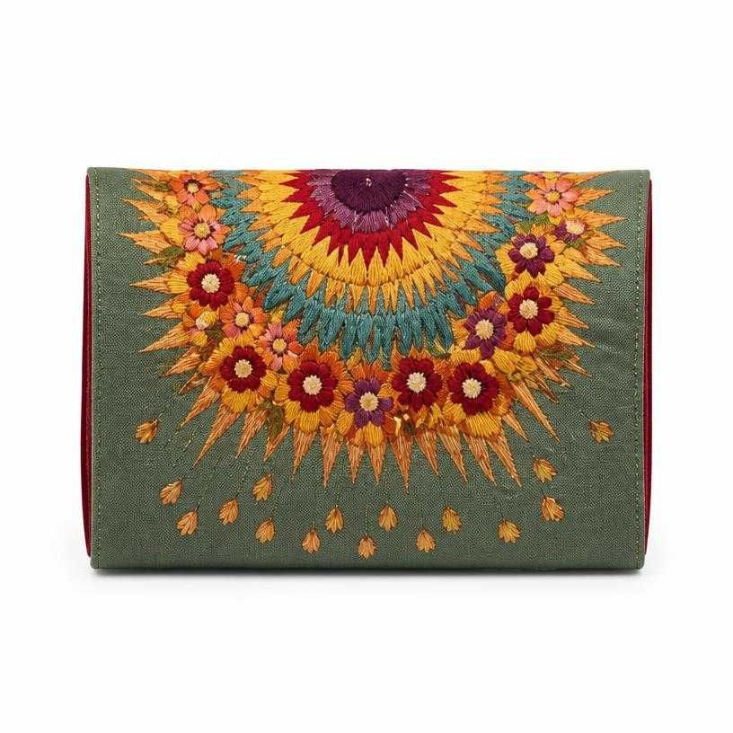 multicolor embroidered textile clutch