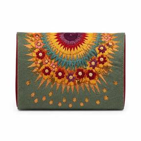 multicolor embroidered textile clutch